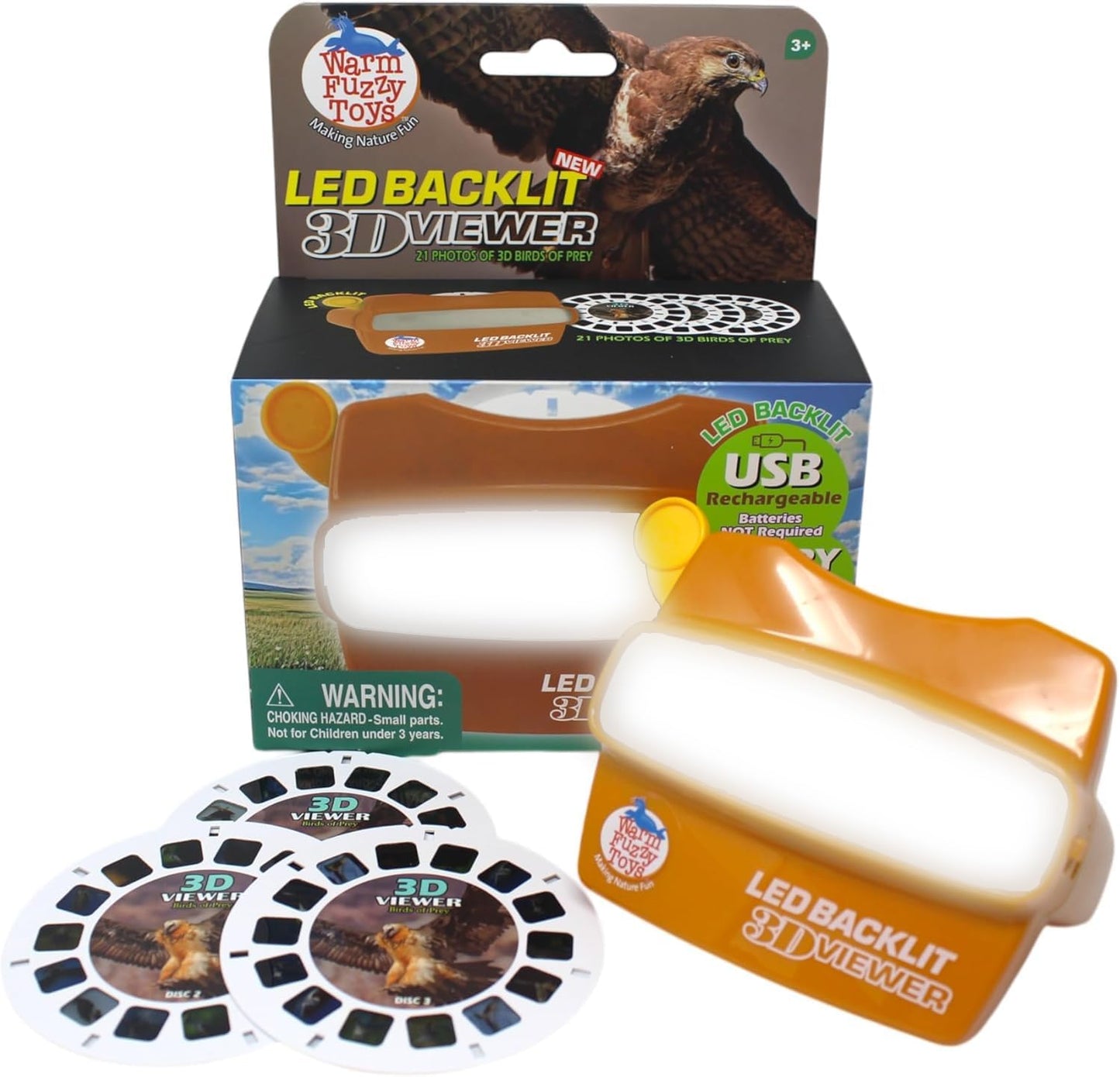 WARM FUZZY Toys LED Backlit 3D Viewer – (Birds Prey) – New 2025 USB-C Rechargeable Viewer for Kids & Adults Includes 3 Reels with 21 HD 3D Images – Patent-Pending Retro Toy, No Light Source Needed