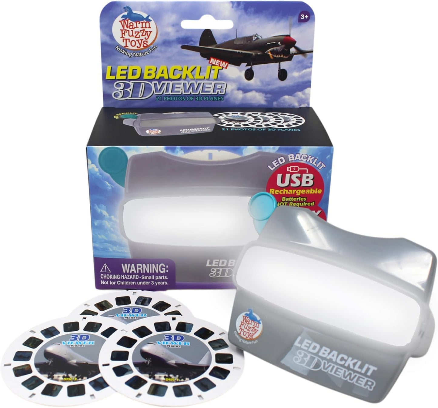 WARM FUZZY Toys LED Backlit 3D Viewer – (Planes) – New 2025 USB-C Rechargeable Viewer for Kids & Adults Includes 3 Reels with 21 HD 3D Images – Patent-Pending Retro Toy, No Light Source Needed