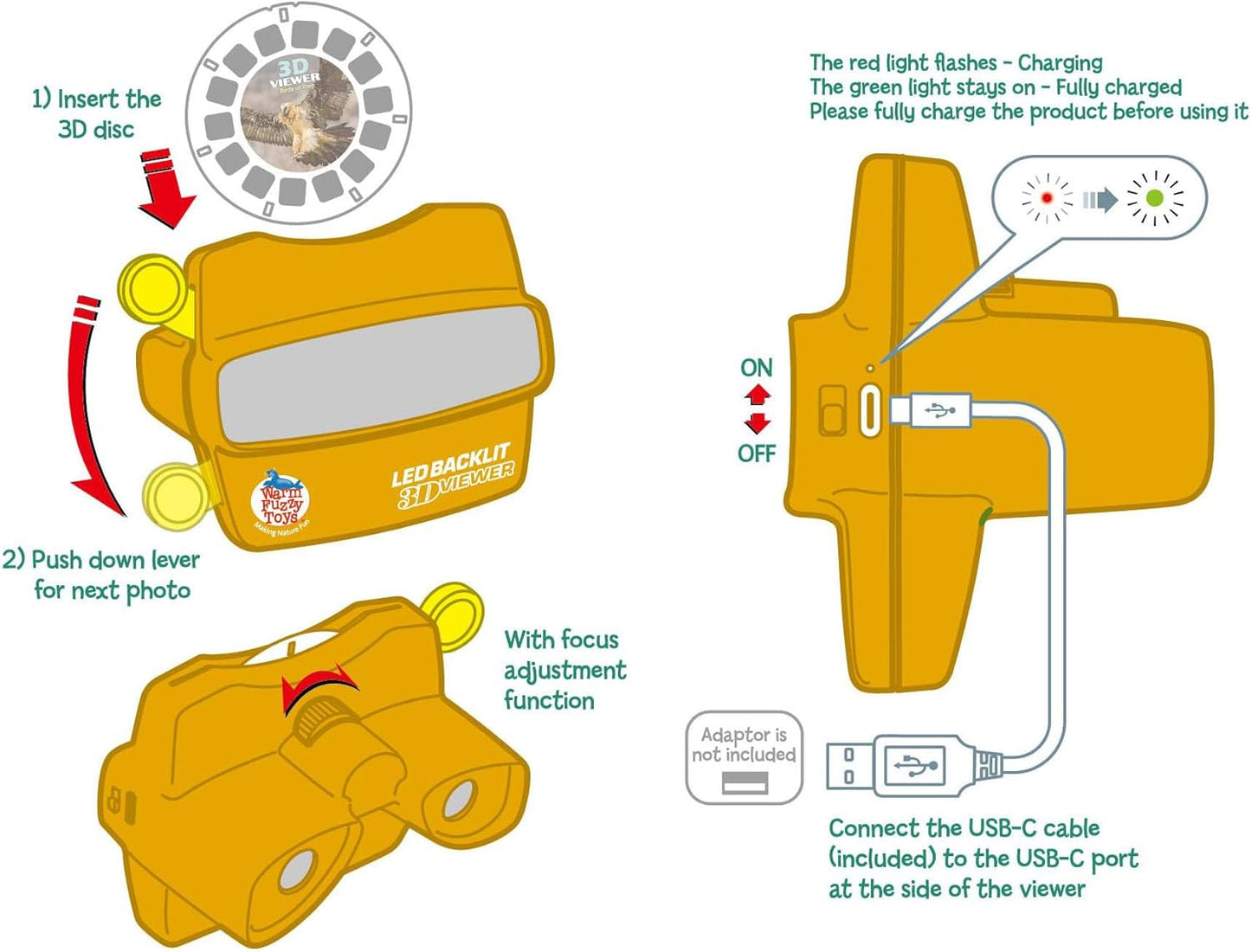 WARM FUZZY Toys LED Backlit 3D Viewer – (Birds Prey) – New 2025 USB-C Rechargeable Viewer for Kids & Adults Includes 3 Reels with 21 HD 3D Images – Patent-Pending Retro Toy, No Light Source Needed