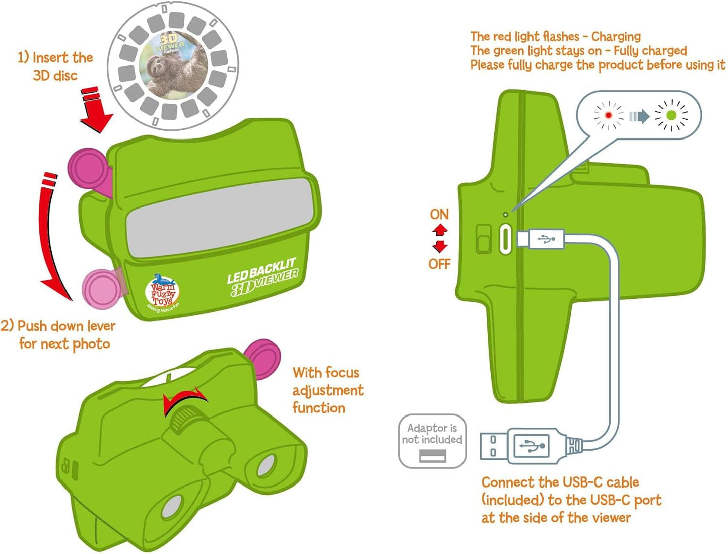 WARM FUZZY Toys LED Backlit 3D Viewer – (Rainforest) – New 2025 USB-C Rechargeable Viewer for Kids & Adults Includes 3 Reels with 21 HD 3D Images – Patent-Pending Retro Toy, No Light Source Needed