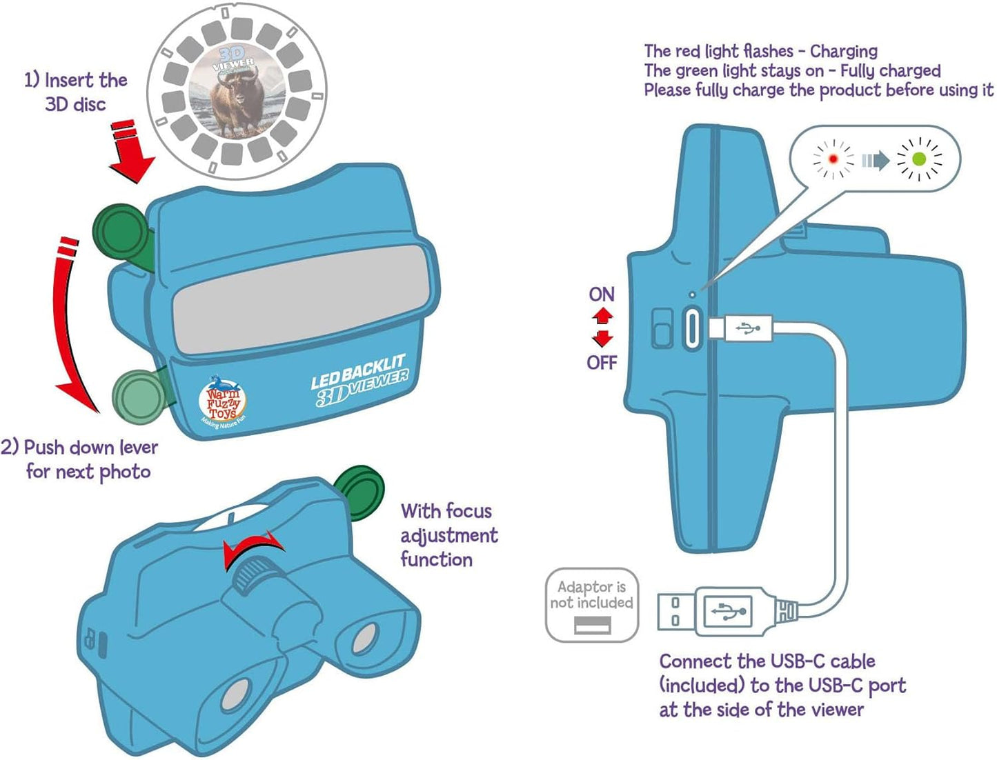 WARM FUZZY Toys LED Backlit 3D Viewer – (Arctic) – New 2025 USB-C Rechargeable Slide Viewer for Kids & Adults Includes 3 Reels with 21 HD 3D Images – Patent-Pending Retro Toy, No Light Source Needed