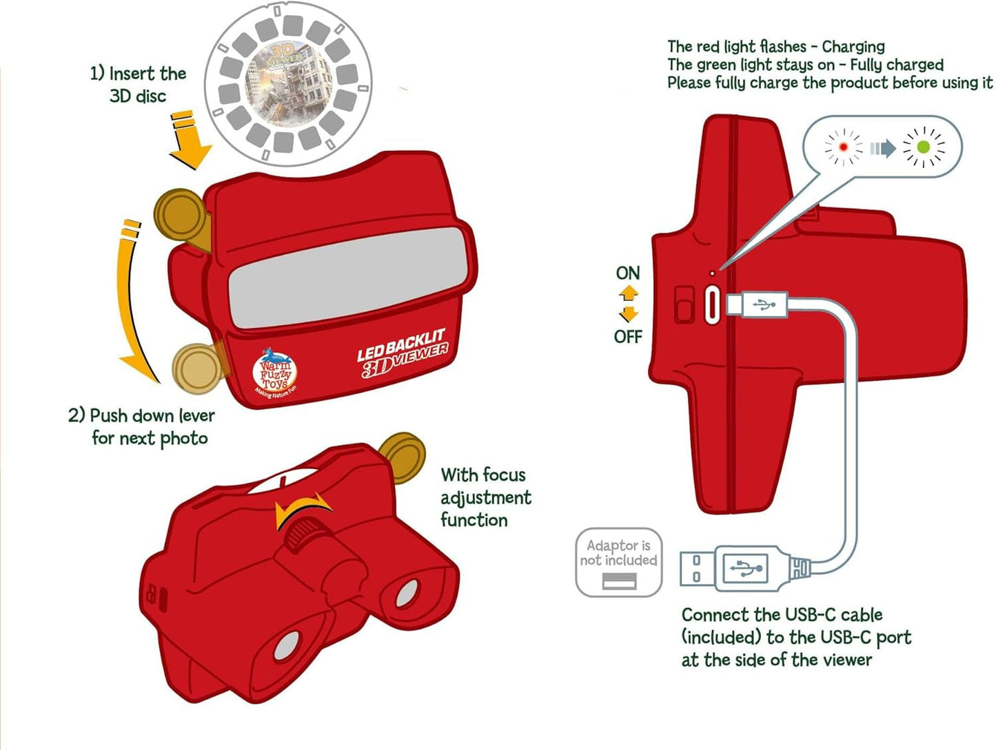 WARM FUZZY Toys LED Backlit 3D Viewer – (Natural Disasters) – New 2025 USB-C Rechargeable Viewer for Kids & Adults Includes 3 Reels with 21 HD 3D Images - Patent Pending Retro Toy