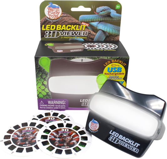 WARM FUZZY Toys LED Backlit 3D Viewer – (Snake) – New 2025 USB-C Rechargeable Slide Viewer for Kids & Adults Includes 3 Reels with 21 HD 3D Images – Patent-Pending Retro Toy, No Light Source Needed