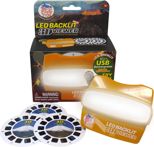 WARM FUZZY Toys LED Backlit 3D Viewer – (Volcanoes) – New 2025 USB-C Rechargeable Viewer for Kids & Adults Includes 3 Reels with 21 HD 3D Images – Patent-Pending Retro Toy, No Light Source Needed