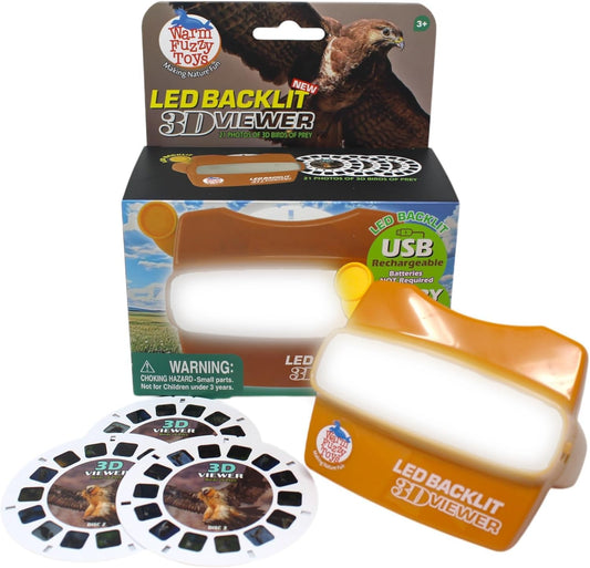 WARM FUZZY Toys LED Backlit 3D Viewer – (Birds Prey) – New 2025 USB-C Rechargeable Viewer for Kids & Adults Includes 3 Reels with 21 HD 3D Images – Patent-Pending Retro Toy, No Light Source Needed