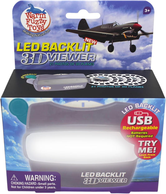 WARM FUZZY Toys LED Backlit 3D Viewer – (Planes) – New 2025 USB-C Rechargeable Viewer for Kids & Adults Includes 3 Reels with 21 HD 3D Images – Patent-Pending Retro Toy, No Light Source Needed