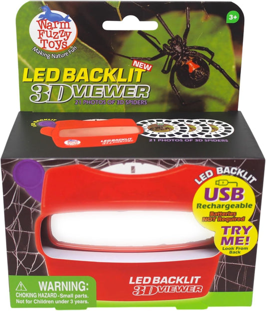 WARM FUZZY Toys LED Backlit 3D Viewer – (Spiders) – New 2025 USB-C Rechargeable Slide Viewer for Kids & Adults Includes 3 Reels with 21 HD 3D Images – Patent-Pending Retro Toy, No Light Source Needed