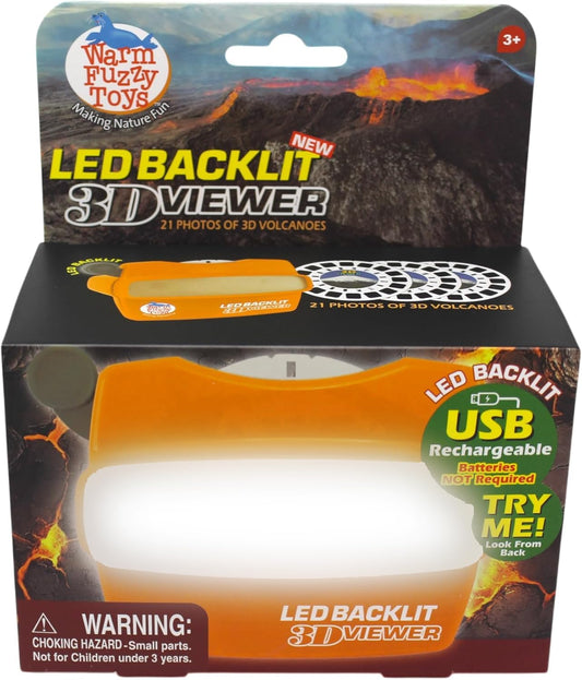 WARM FUZZY Toys LED Backlit 3D Viewer – (Volcanoes) – New 2025 USB-C Rechargeable Viewer for Kids & Adults Includes 3 Reels with 21 HD 3D Images – Patent-Pending Retro Toy, No Light Source Needed