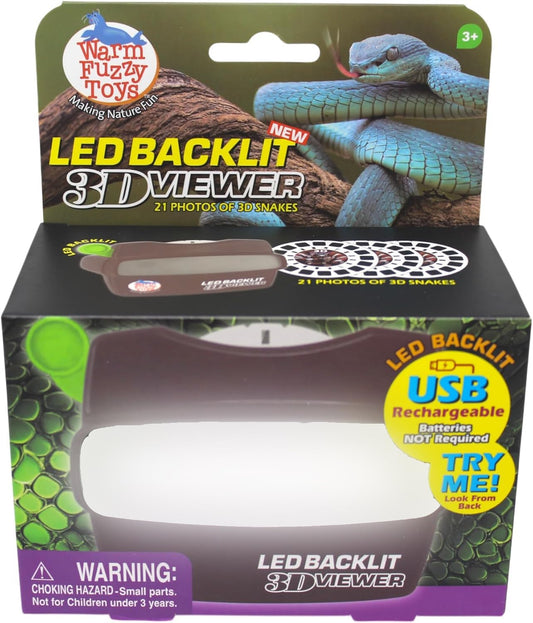 WARM FUZZY Toys LED Backlit 3D Viewer – (Snake) – New 2025 USB-C Rechargeable Slide Viewer for Kids & Adults Includes 3 Reels with 21 HD 3D Images – Patent-Pending Retro Toy, No Light Source Needed