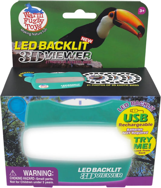 WARM FUZZY Toys LED Backlit 3D Viewer – (Exotic Birds) – New 2025 USB-C Rechargeable Viewer for Kids & Adults Includes 3 Reels with 21 HD 3D Images – Patent-Pending Retro Toy, No Light Source Needed