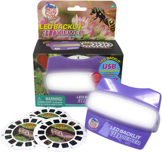 WARM FUZZY Toys LED Backlit 3D Viewer – (Insects) – New 2025 USB-C Rechargeable Slide Viewer for Kids & Adults Includes 3 Reels with 21 HD 3D Images – Patent-Pending Retro Toy, No Light Source Needed