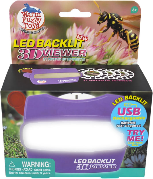WARM FUZZY Toys LED Backlit 3D Viewer – (Insects) – New 2025 USB-C Rechargeable Slide Viewer for Kids & Adults Includes 3 Reels with 21 HD 3D Images – Patent-Pending Retro Toy, No Light Source Needed